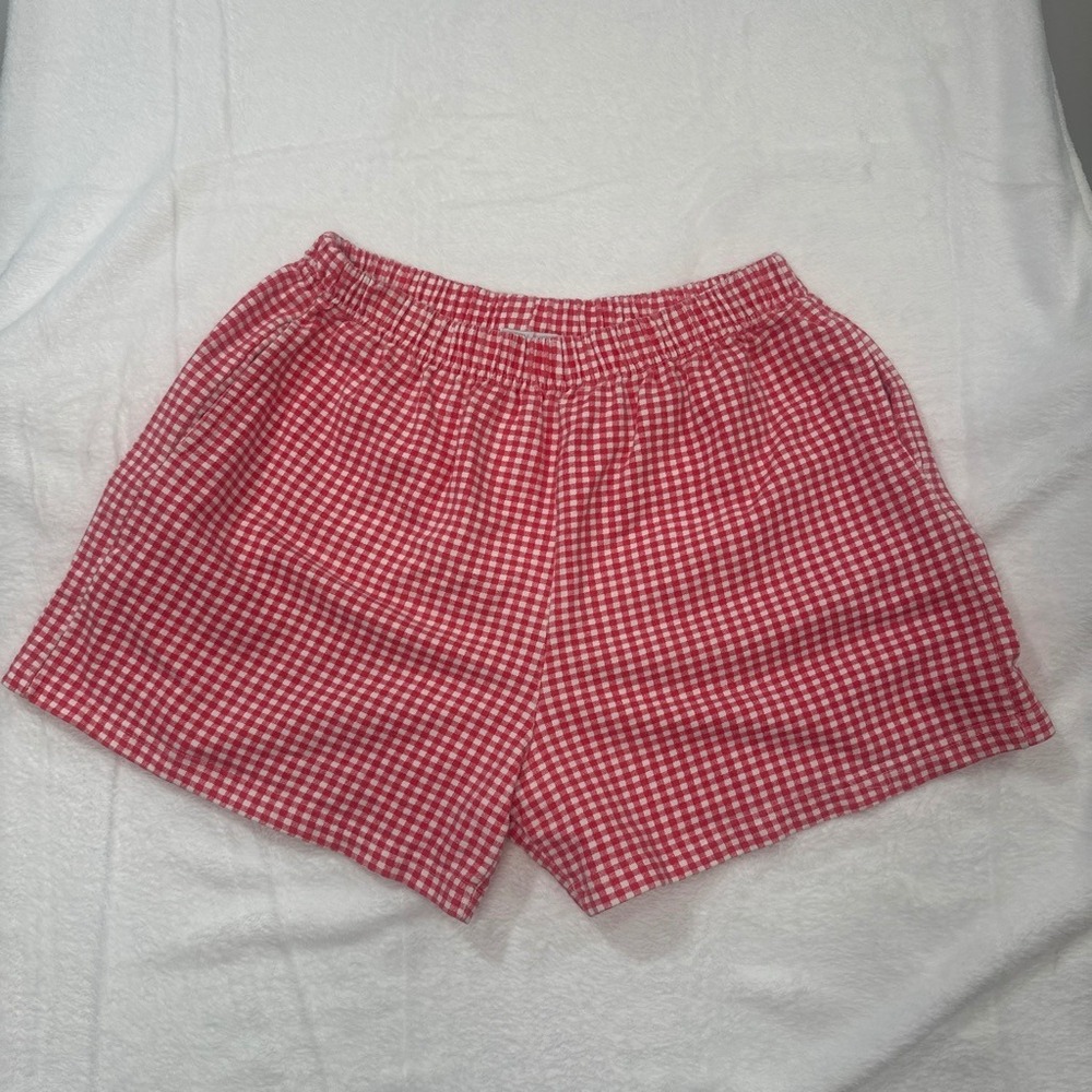 Vintage 90s Red Gingham Checkered Elastic Waist Shorts Picnic Summer MEDIUM